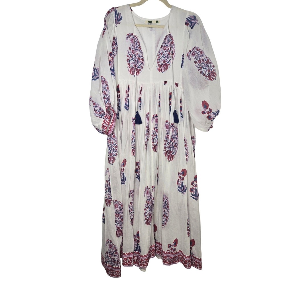 Dolma Mylah Dress Cover Up Block Print White Blue Red Floral Coastal Boho Large